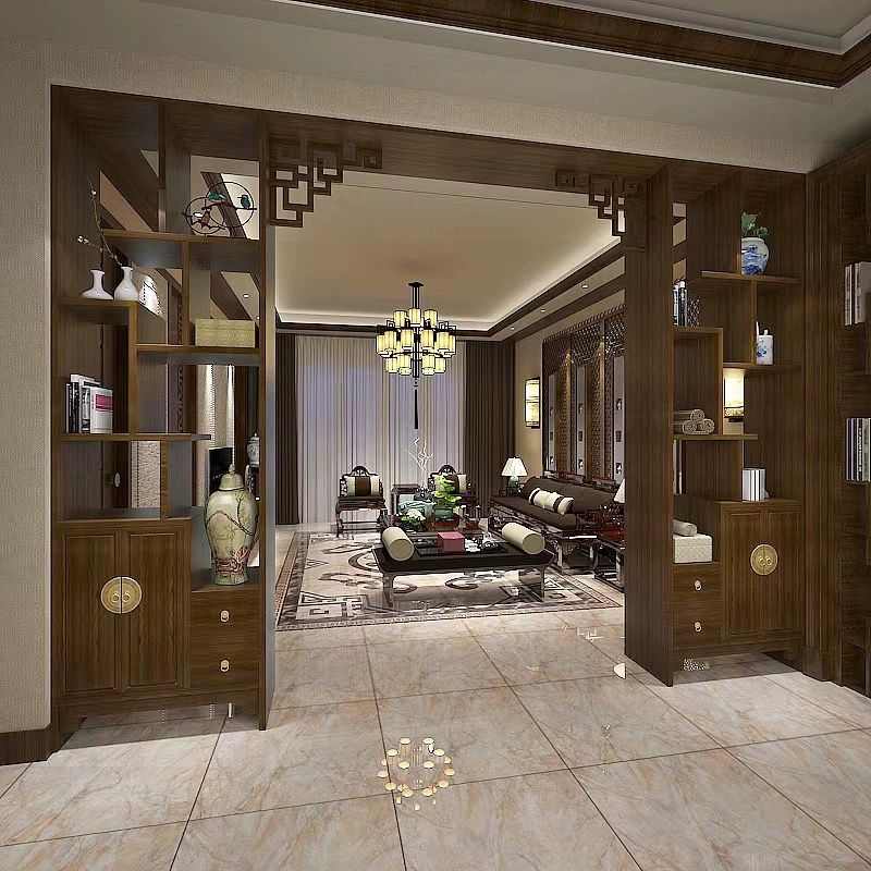 新中式实木月亮门玄关博古架隔断屏风玄关书酒柜入户客厅进门拱门