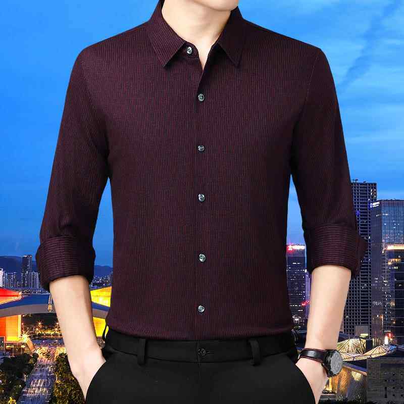 24053-KK秋季新款男商务闲士长袖休衬衫中年爸爸纯绒色免烫羊衬衣