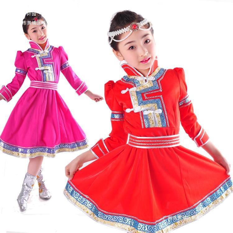 蒙古袍女童春秋女儿童女孩公主演出服装日常生活装红色舞蹈表演服