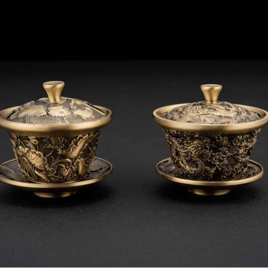 中式黄铜莲花龙凤杯三件套敬茶摆件盖碗龙凤铜茶碗工艺品百福茶具