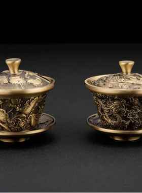 中式黄铜莲花龙凤杯三件套敬茶摆件盖碗龙凤铜茶碗工艺品百福茶具
