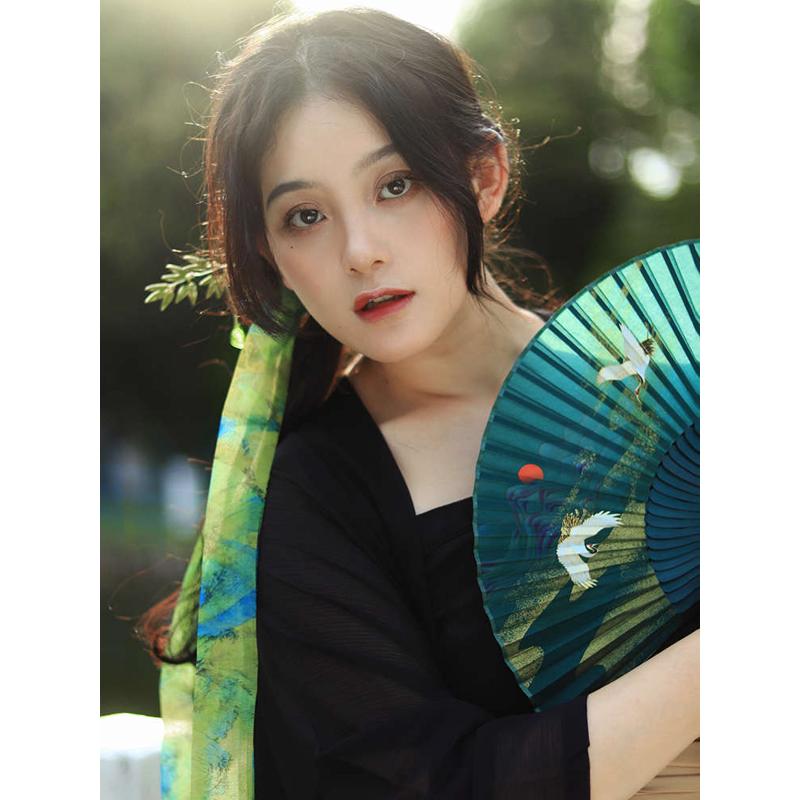 七月荷折扇新款古风扇子仙鹤竹扇仙气汉服国风折扇全竹湖州男女式