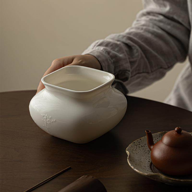 白瓷四方浮雕文竹建水陶瓷水盂家用茶渣缸茶洗大号杯洗茶道零配件