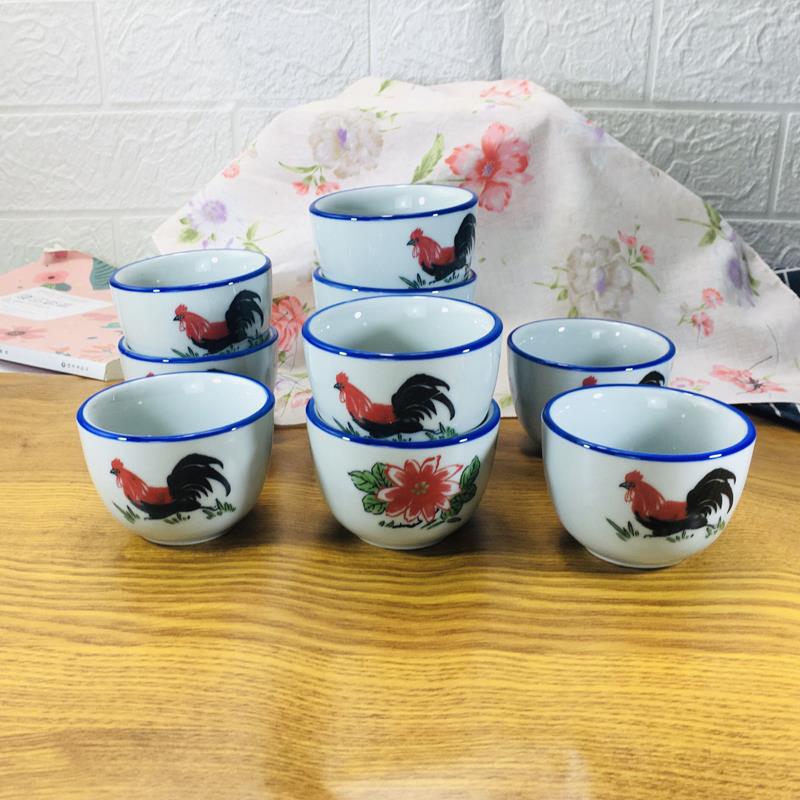 茶杯公鸡图酒杯90毫升10个装江中杯青瓷釉下酒店餐厅农家乐复古杯