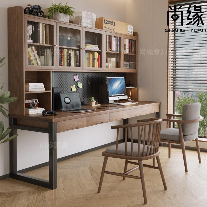 实木双人书桌书柜书架一体靠墙长条桌工作台书房学习电脑桌带抽屉