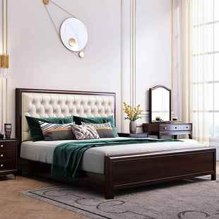 轻奢美式 实木床1.8米双人主卧婚床真皮软包1.5卧室大床樱桃木