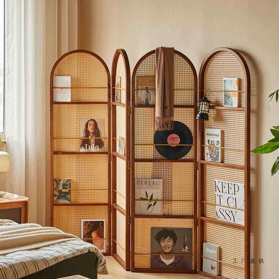 中古屏风隔断客厅卧室家用实木移动置物架子法式日式复古折叠书架