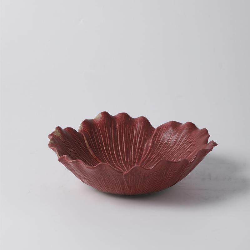 现代简约复古红色陶瓷卷边花瓶果盘装饰品家居样板间民宿软装摆件