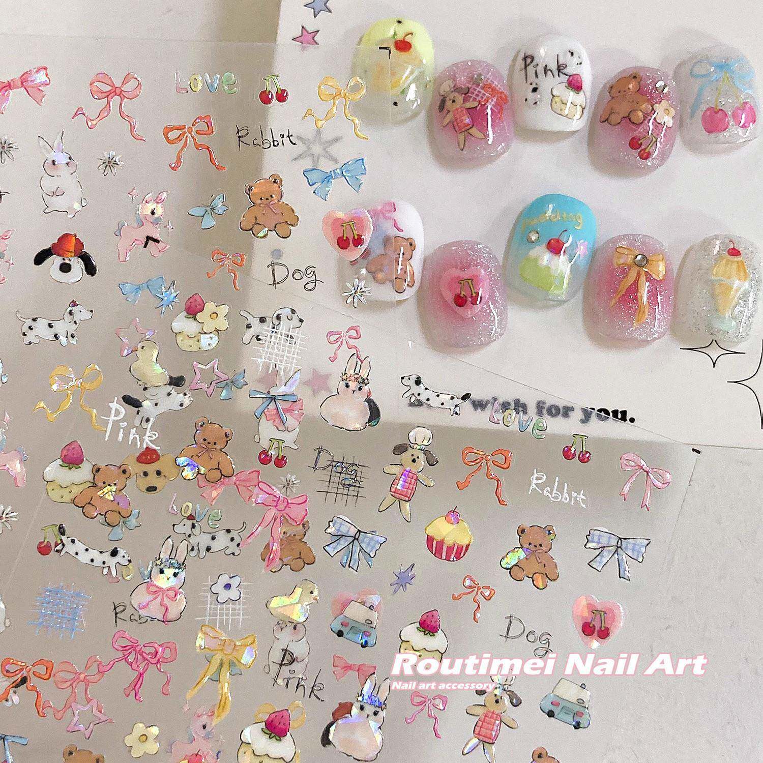 儿童美甲贴无毒无味女孩涂鸦狗狗纸tomoni卡通斑点狗贝壳光粉粉