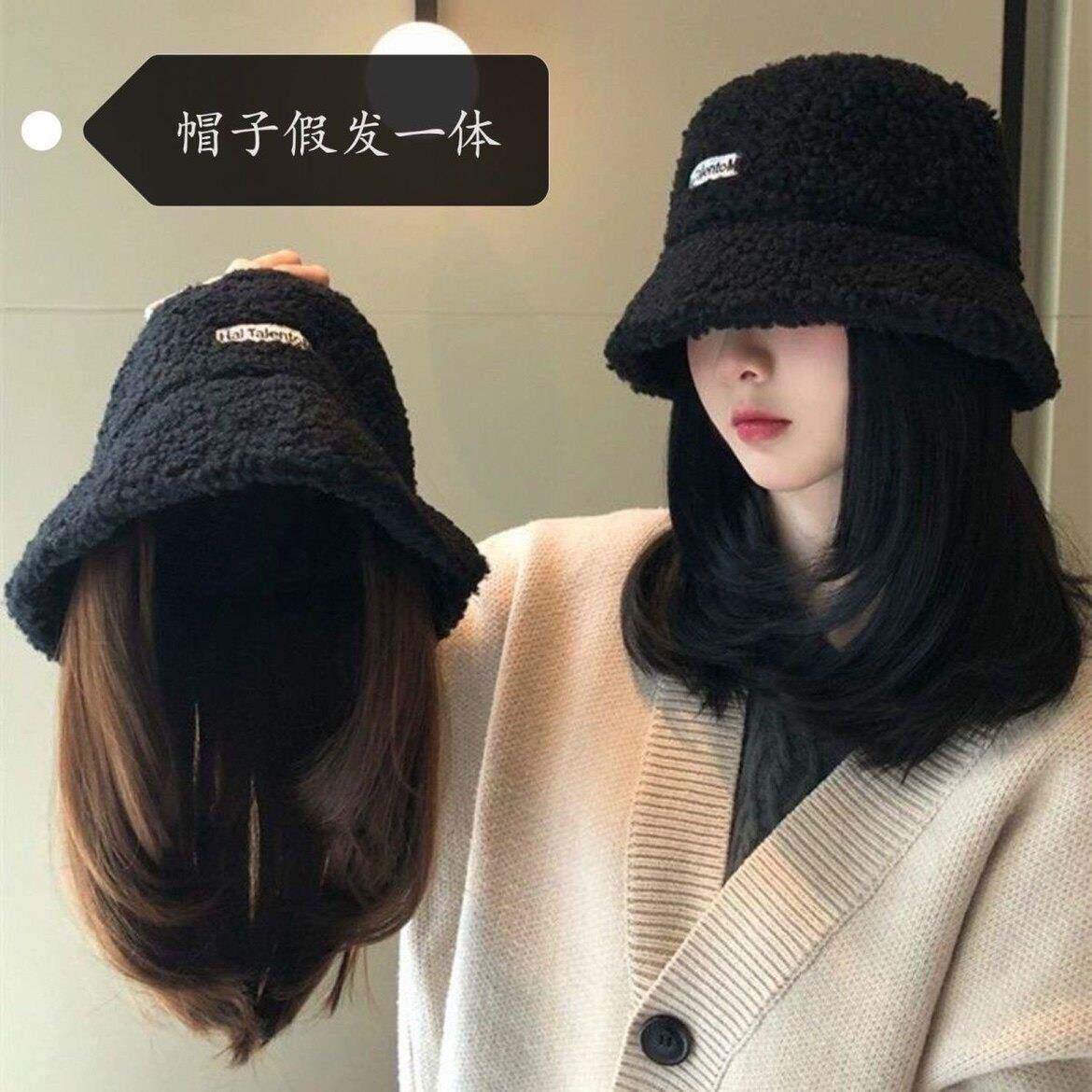 2025新款帽子假发一体女时尚羊羔绒渔夫帽百搭短发内扣锁骨发盆帽