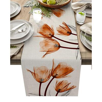 Spring Blue Tulip Flower Linen Table Runner Wedding Decorati