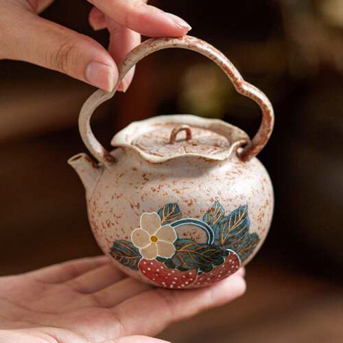 火石红陶瓷泡茶壶泡茶家用茶具一人饮手绘堆雕新中式泡茶器具单壶