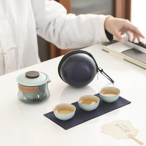 玻璃旅行茶具套装便携式陶瓷快客杯一壶三杯小套户外露营喝茶装备
