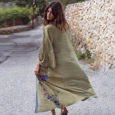 Women Flowers Embroidery Beach Kimono Holiday Army Green Vin