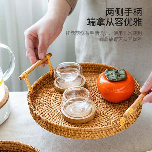 越南秋藤手工藤编织点心零食坚果筐野餐篮黄色手柄托盘 馒头筐