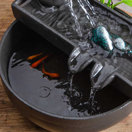 中式国风禅意山水小型金鱼缸抽水泵循环陶瓷流水器微景观造景摆件