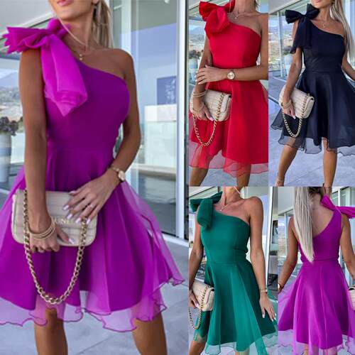 Women's single shoulder mesh spliced large swing dress