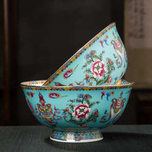 面碗描金珐琅彩瓷碗中式宫廷风景德镇仿古骨瓷碗高脚碗陶瓷礼品碗