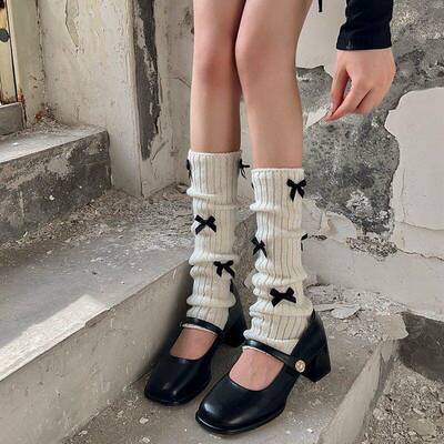 Women Knit Leg Warmers Harajuku Bow Decor Solid Color Long
