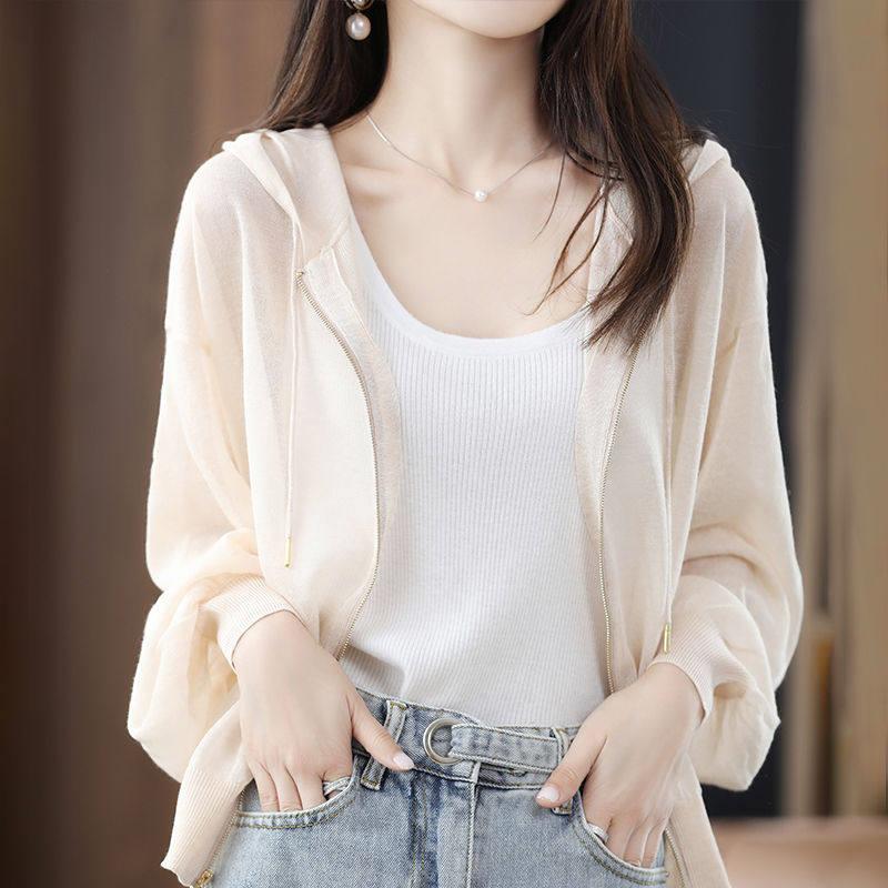 冰丝针织开衫薄款女2026年夏季新款宽松透气连帽防晒衣空调衫外套