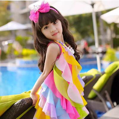 Girls Summer Rainbow Striped Dress Sleeveless Kids Dresses