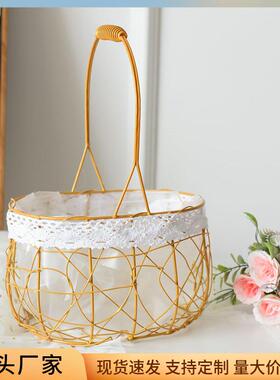 铁艺金色花篮手提编织拌手礼礼品篮子插花鲜花篮水果收纳筐送礼