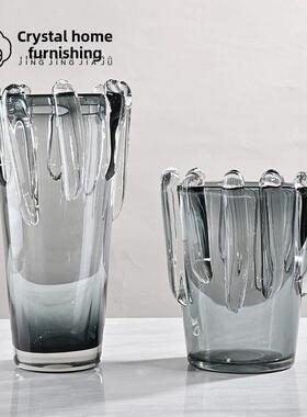 现代北欧新中式灰色客厅茶几餐桌插花玫瑰百合玻璃花瓶软装样板房