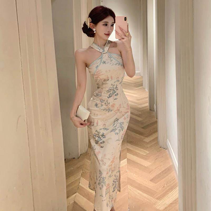 中式性感风露肩印花改良洋装法式日常年轻款高腰显瘦包臀旗袍裙