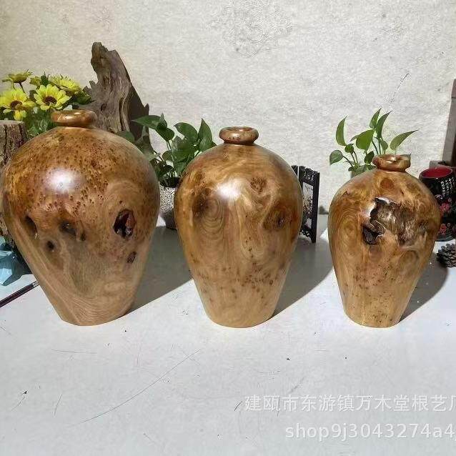 家用酒店装饰摆件花瓶根雕民宿客厅中式榴花酒坛工艺品手工根雕