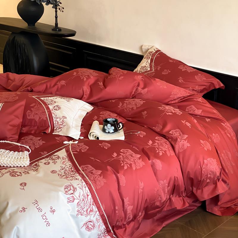 新中式婚庆四件套100支长绒棉红色刺绣花结婚喜被套床上用品