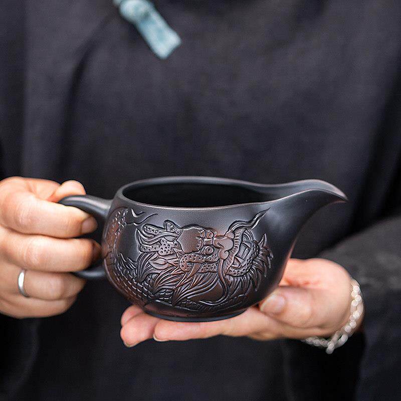 云南建水紫陶博览会杯手雕大容量功夫茶分茶器长口茶海茶道配件