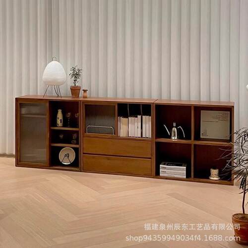 组合书柜实木北欧储物柜客厅展示柜落地收纳柜沙发边柜复古杂志柜