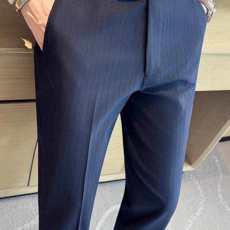 轻奢松紧腰暗条纹西裤男2026新款商务休闲修身小脚裤抗皱西装长裤