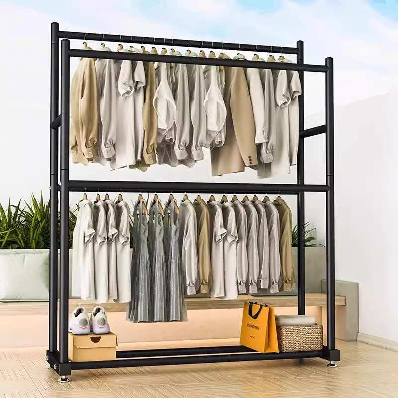 双杠衣帽架落地式家用卧室衣帽架室内双层简易挂衣架阳台衣帽架