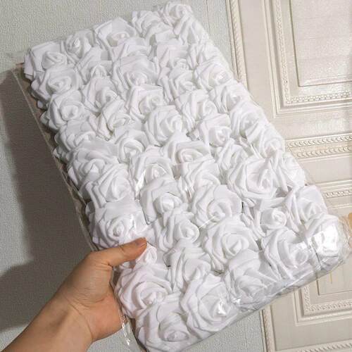 50pcs/package White PE Rose Artificial Flower Head With Stem