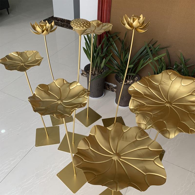 新中式室内水池金色水幕墙摆件装饰荷花景观莲花铁艺荷叶金属水景