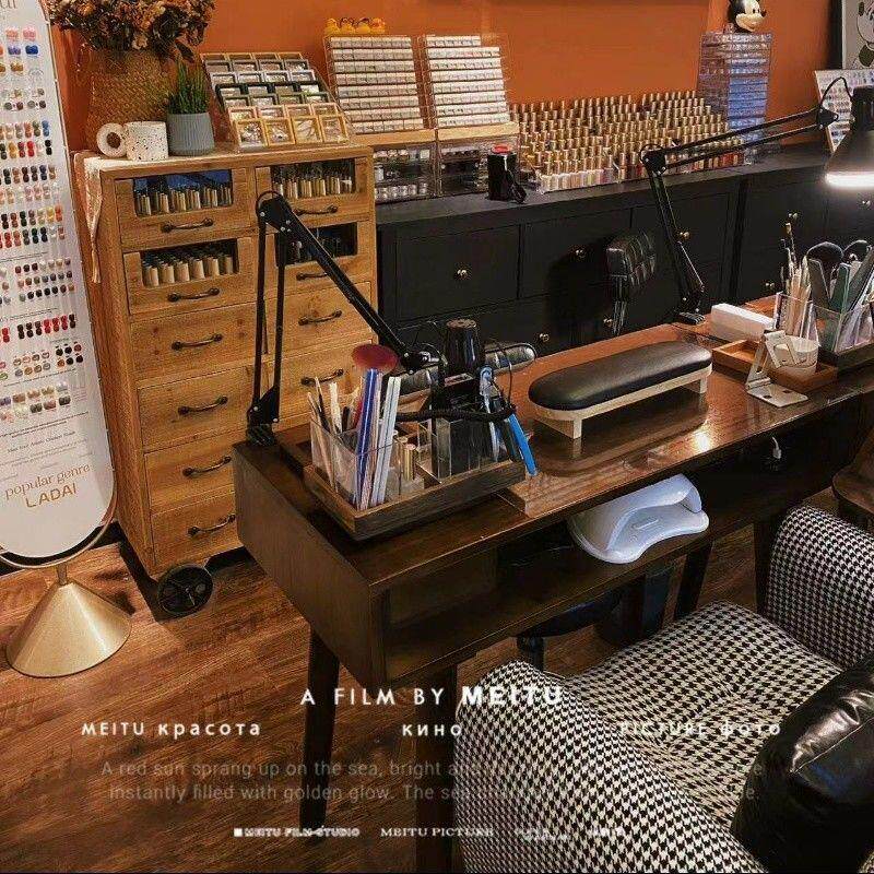 美式复古实木美甲桌子椅子套装网红吸尘美甲台美甲店专用桌子椅子