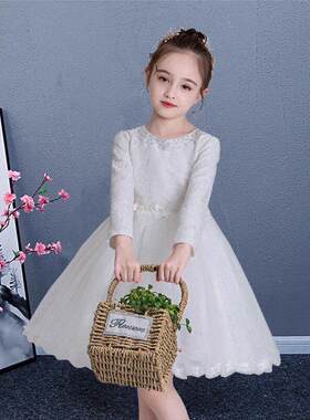 女童白色婚纱洋装花童公主裙蓬蓬纱裙子春秋长袖儿童婚礼礼服裙