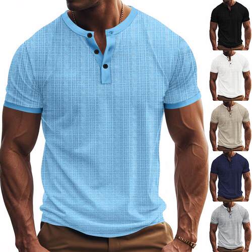 Men Regular Color Henley Neck Sleeve Tee Casual Breathable