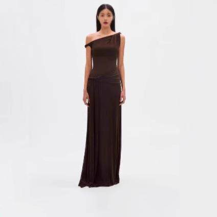 Women's slanted neck, off shoulder, waist cinched pleated