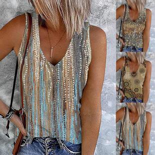 shirt collar Thin printed sleeveless vest women