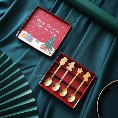 4PCS Christmas Coffee Spoons with Gift Box Teaspoons Dessert