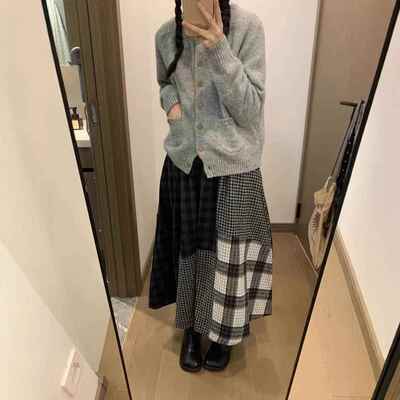 日系复古毛呢半身裙冬季不规则A版重工格子拼接半裙高腰显瘦长裙