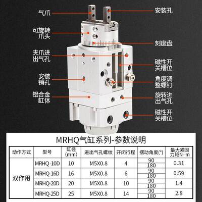 旋转摆动气爪MRHQ10D/16D/20D/25D-90S/180S旋转带夹爪手指气缸