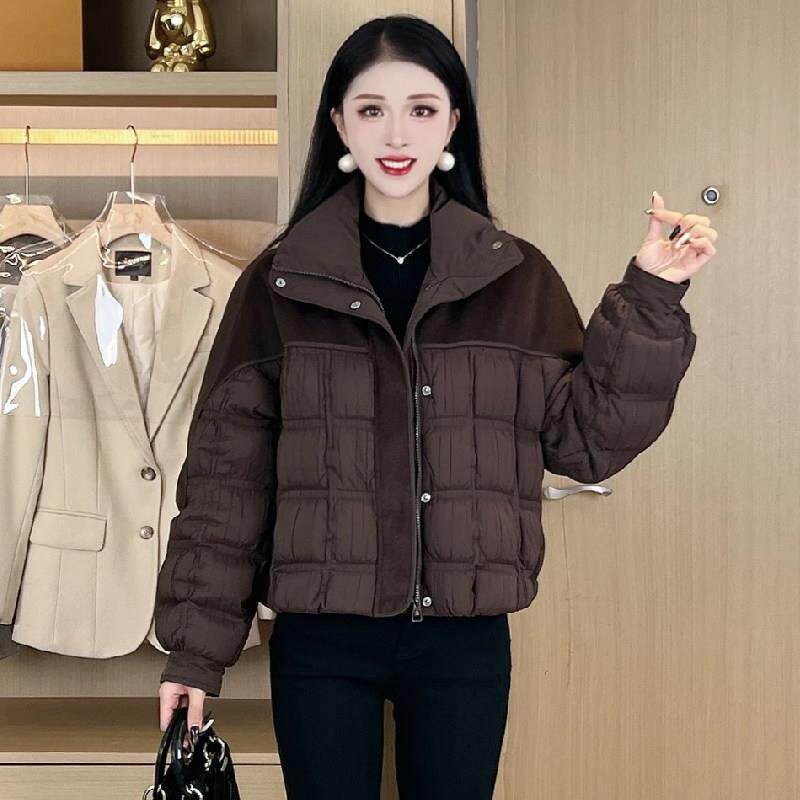 香港代购时尚毛呢拼接短款羽绒服女冬季新款宽松保暖白鸭绒外套潮