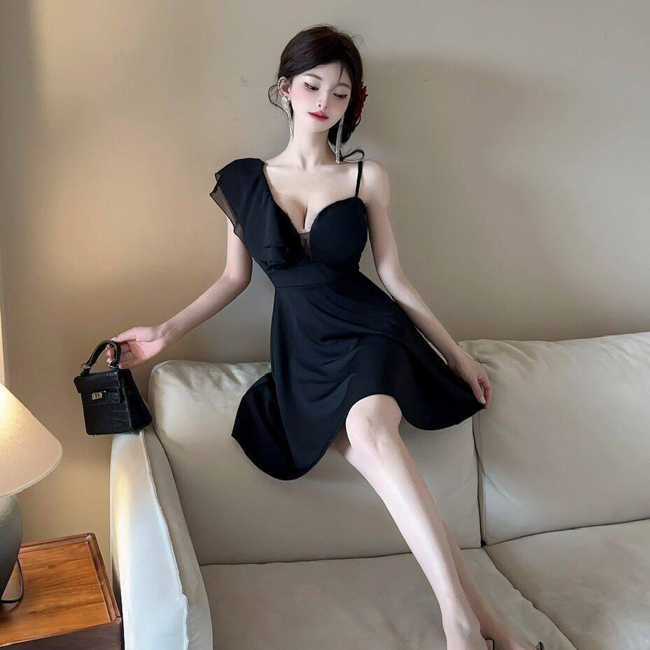 网红夜场气质工作服低胸深领吊带单肩字裙夜总会性感连衣裙女装