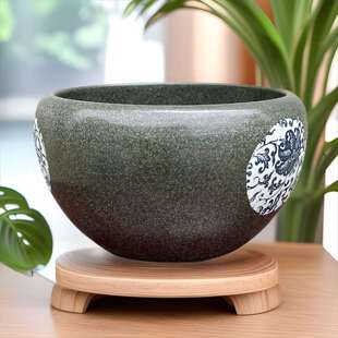 景德镇陶瓷鱼缸手绘桌面养金鱼乌龟缸23cm复古养睡莲水仙绿萝花盆