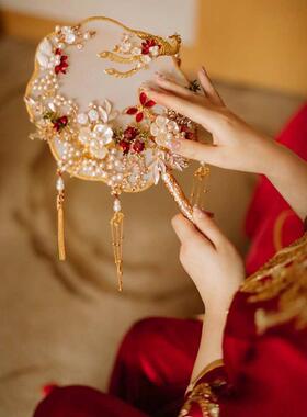 xyt中式古典手工冰蓝色喜扇新娘秀禾服婚礼团扇结婚出嫁扇diy材料