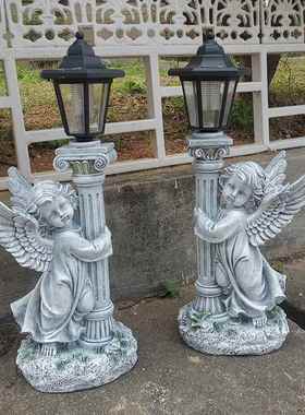 跨境新饰复古花园摆别件款天使太阳能灯庭院QTY72127墅树脂工艺品