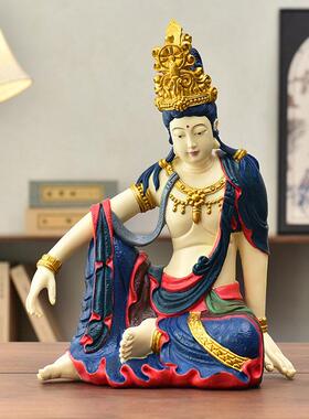 新中式自在观音水月观音菩萨佛像家用茶桌办公室玄关装饰树脂摆件